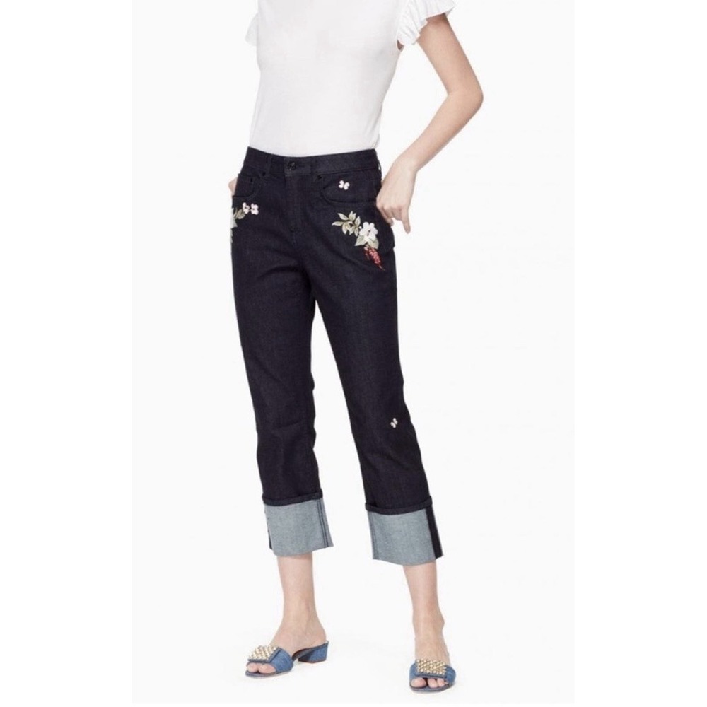 Kate Spade Floral Embroidered Dark Wash Cuffed‎ Jeans Size 26